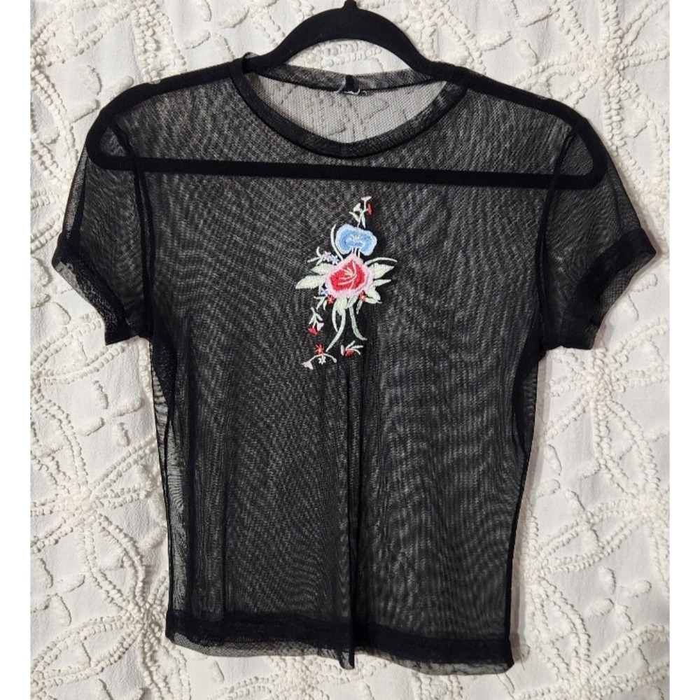 Womens Sheer Embroidered Top Size Small Black Mesh Floral Dark Romantic Feminine